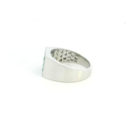 Men’s emerald and diamond signet ring in 18K white gold with nine round emeralds framed by natural diamonds.