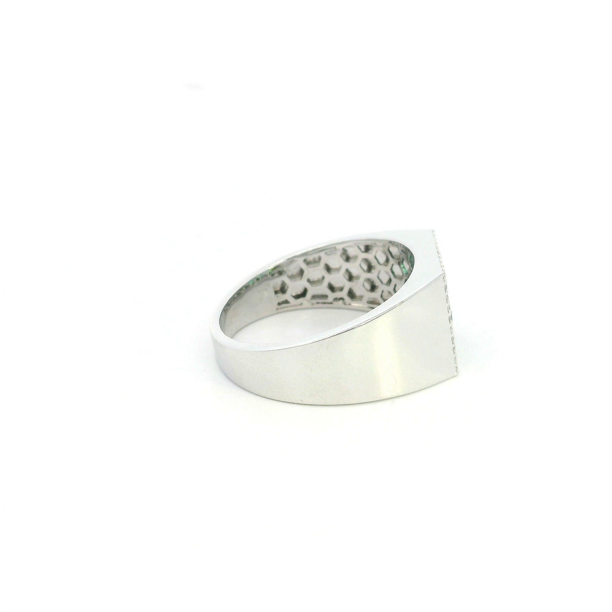 Men’s emerald and diamond signet ring in 18K white gold with nine round emeralds framed by natural diamonds.