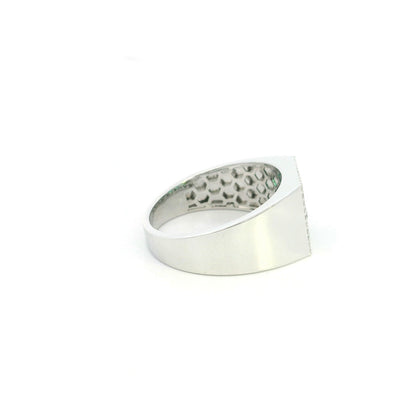 Men’s emerald and diamond signet ring in 18K white gold with nine round emeralds framed by natural diamonds.