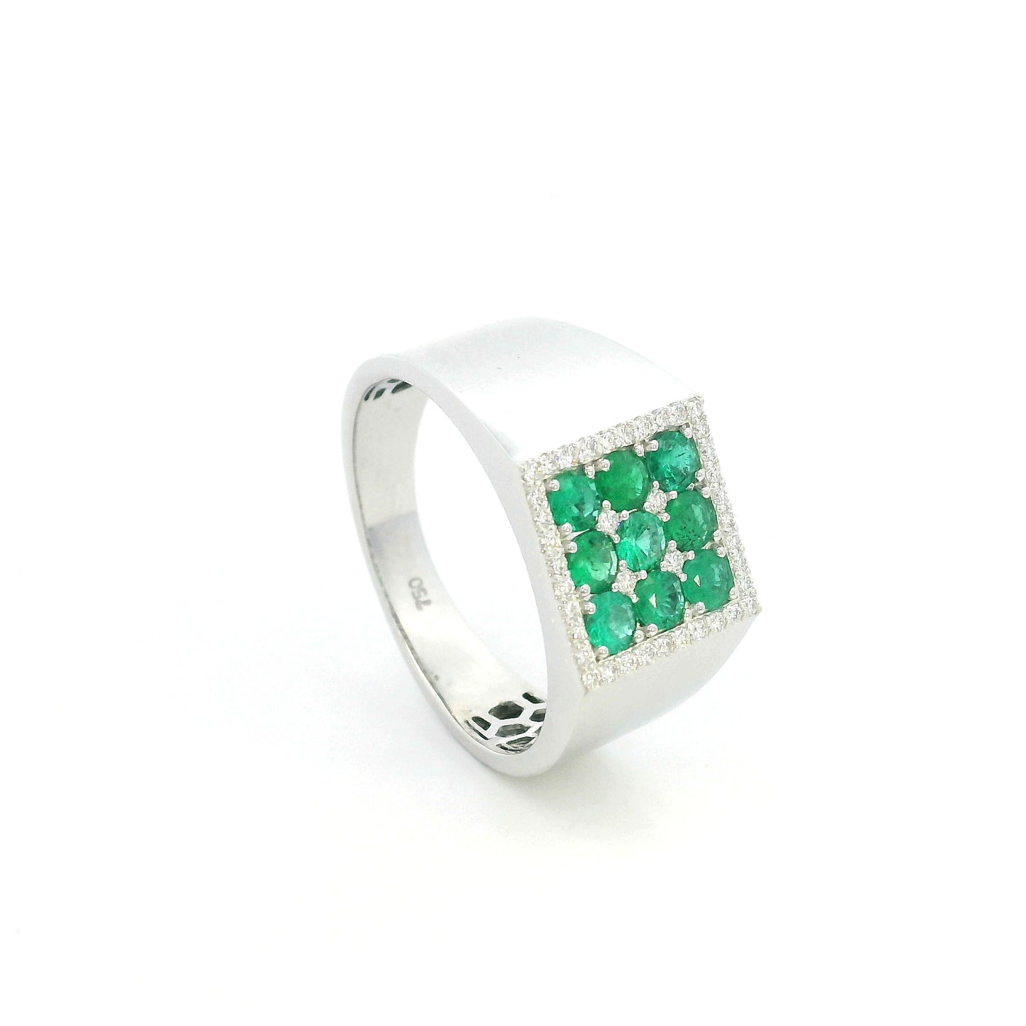 Men’s emerald and diamond signet ring in 18K white gold with nine round emeralds framed by natural diamonds.