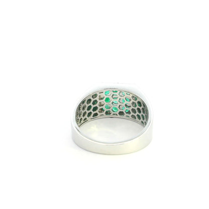 Men’s emerald and diamond signet ring in 18K white gold with nine round emeralds framed by natural diamonds.