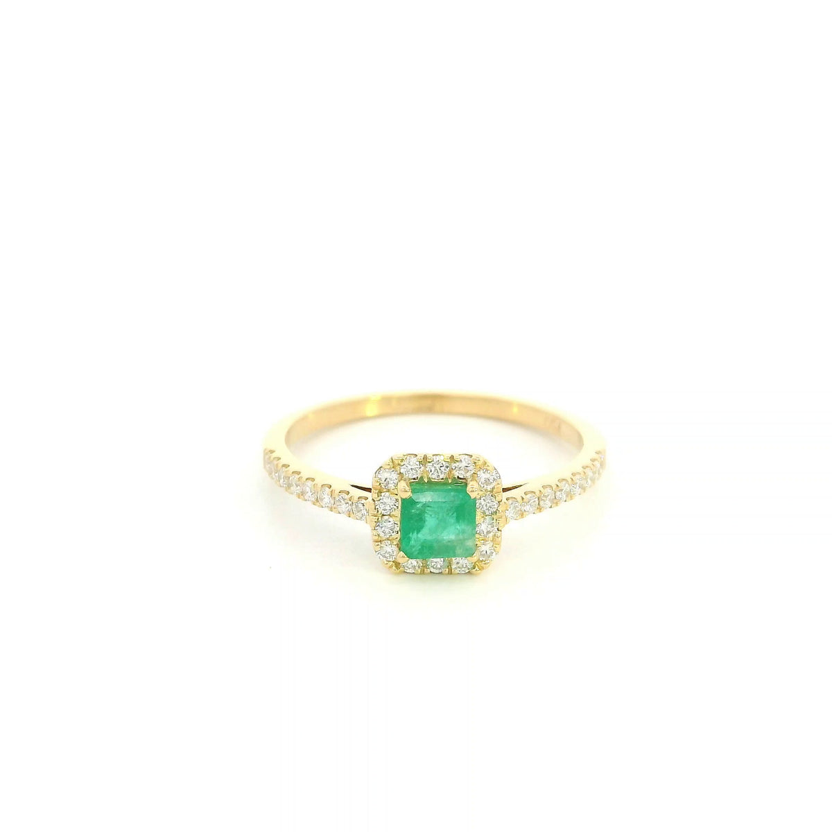 18K yellow gold emerald and diamond halo ring with square green emerald, diamond surround and diamond-set band