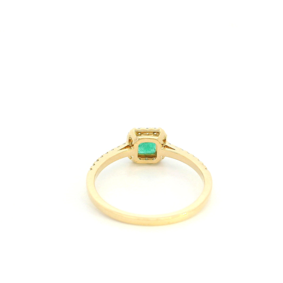 18K yellow gold emerald and diamond halo ring with square green emerald, diamond surround and diamond-set band