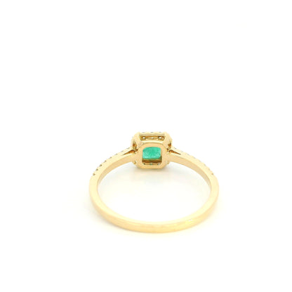 18K yellow gold emerald and diamond halo ring with square green emerald, diamond surround and diamond-set band