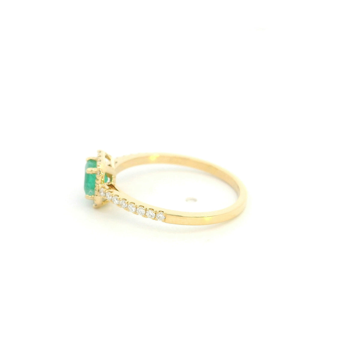 18K yellow gold emerald and diamond halo ring with square green emerald, diamond surround and diamond-set band