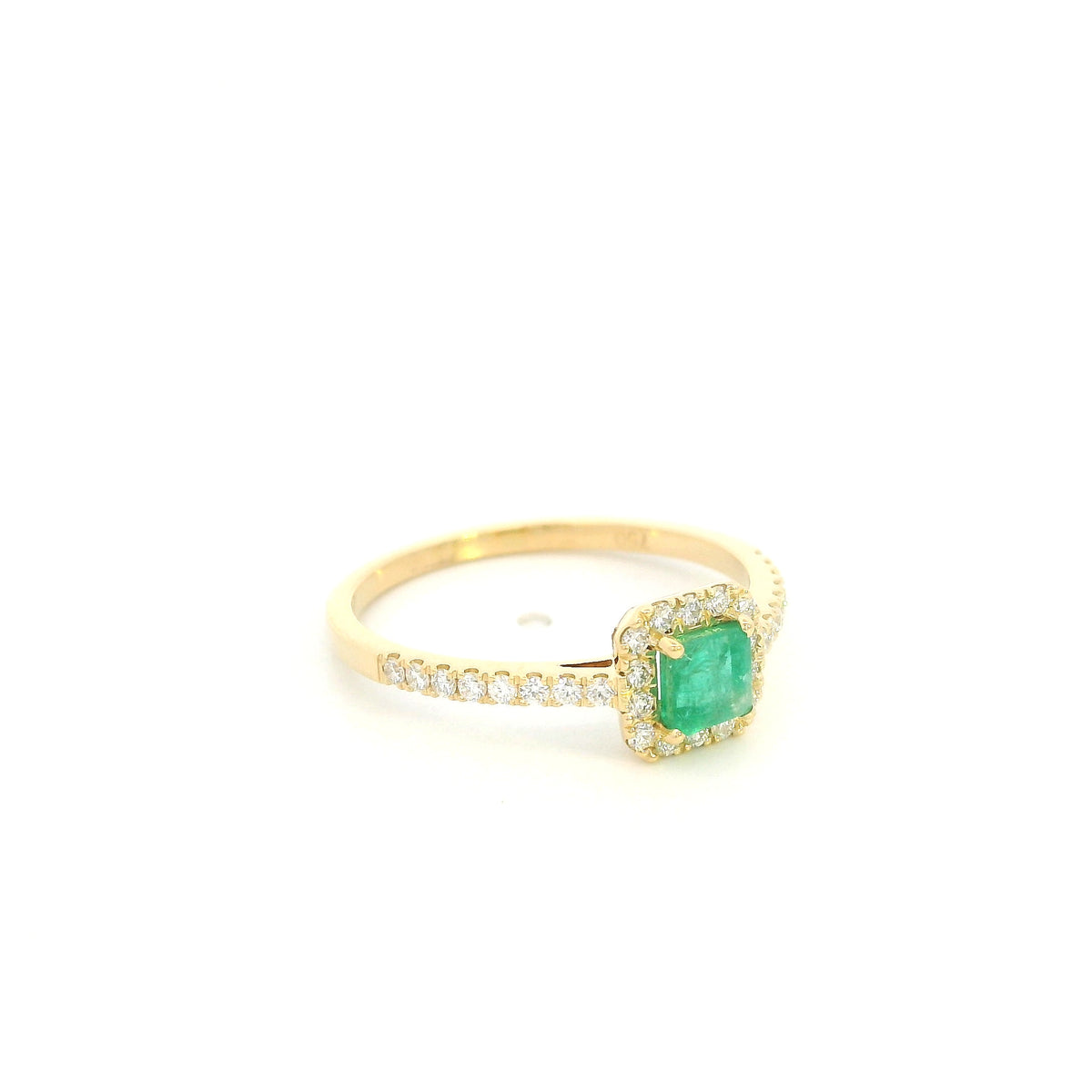 18K yellow gold emerald and diamond halo ring with square green emerald, diamond surround and diamond-set band