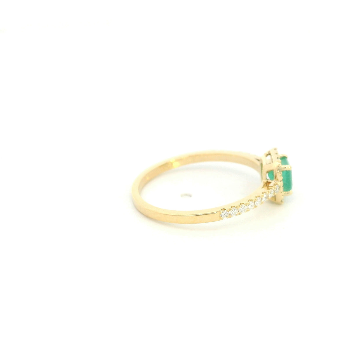 18K yellow gold emerald and diamond halo ring with square green emerald, diamond surround and diamond-set band