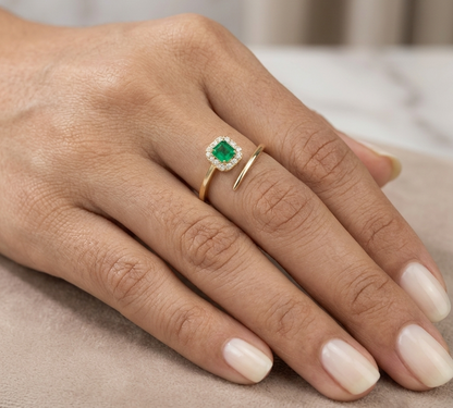 18K Yellow Gold Emerald Open Wrap Ring with Diamond Halo