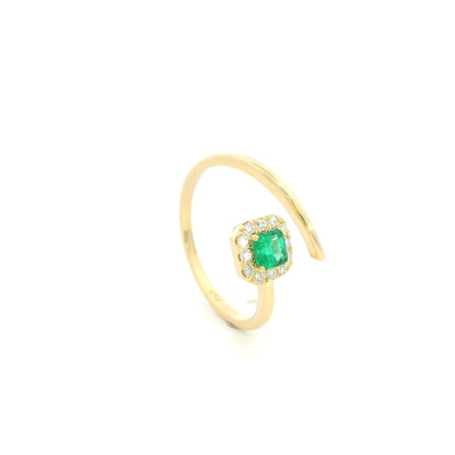 18K Yellow Gold Emerald Open Wrap Ring with Diamond Halo