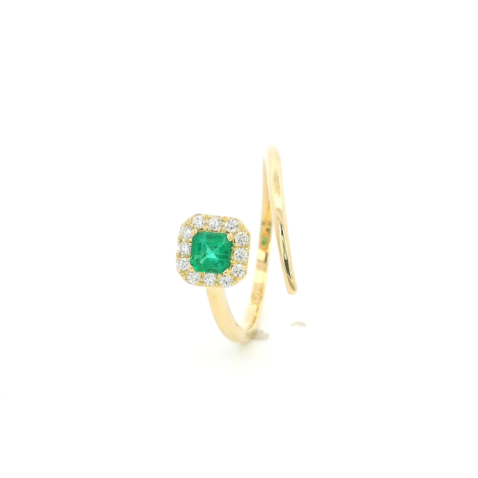 18K Yellow Gold Emerald Open Wrap Ring with Diamond Halo