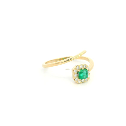 18K Yellow Gold Emerald Open Wrap Ring with Diamond Halo
