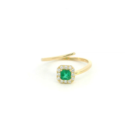 18K Yellow Gold Emerald Open Wrap Ring with Diamond Halo