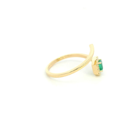 18K Yellow Gold Emerald Open Wrap Ring with Diamond Halo