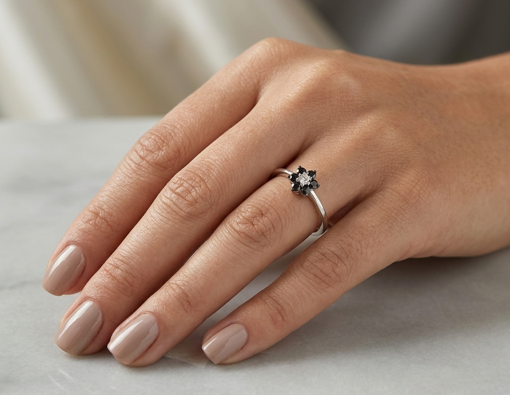 Black diamond flower ring in 18K white gold with black diamond petals and white diamond centre