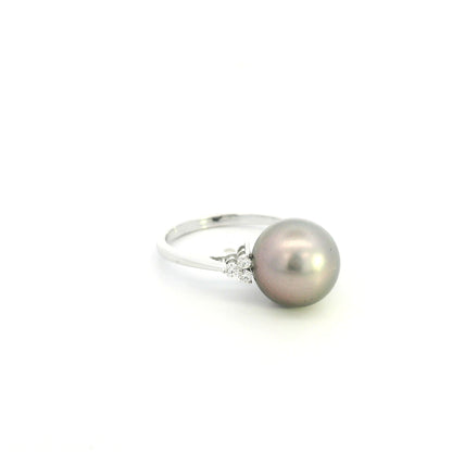 Tahitian Black Pearl and Diamond Ring in 18K White Gold