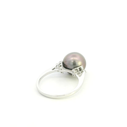 Tahitian Black Pearl and Diamond Ring in 18K White Gold