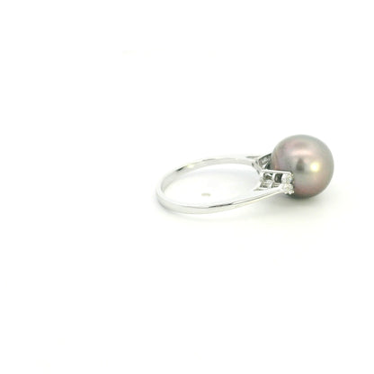 Tahitian Black Pearl and Diamond Ring in 18K White Gold