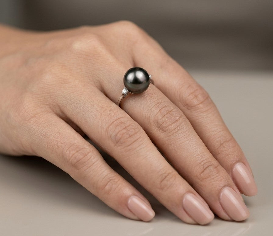 South Sea black pearl diamond ring in 18K white gold with an 11 x 12 mm pearl and round diamond side accents
