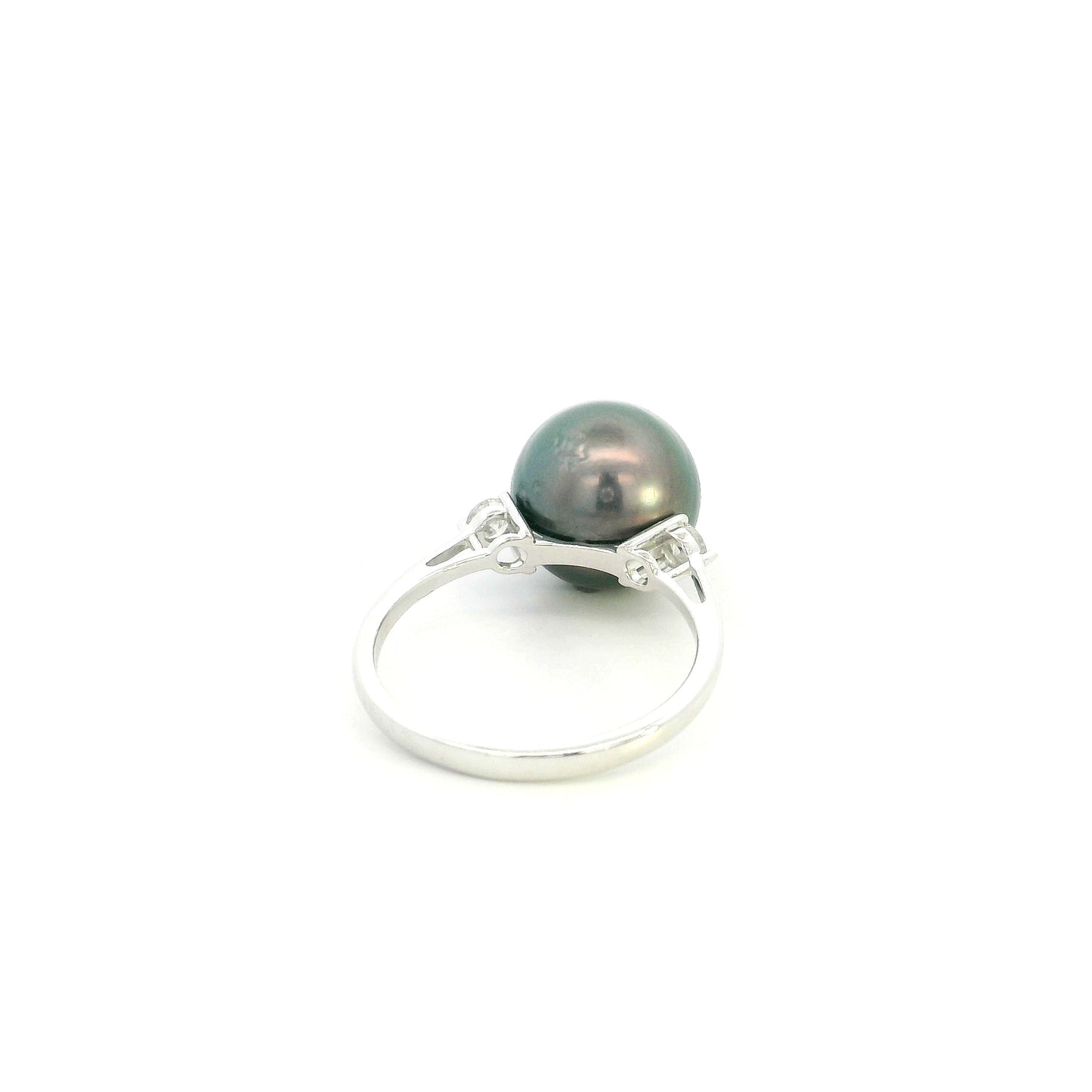 South Sea black pearl diamond ring in 18K white gold with an 11 x 12 mm pearl and round diamond side accents