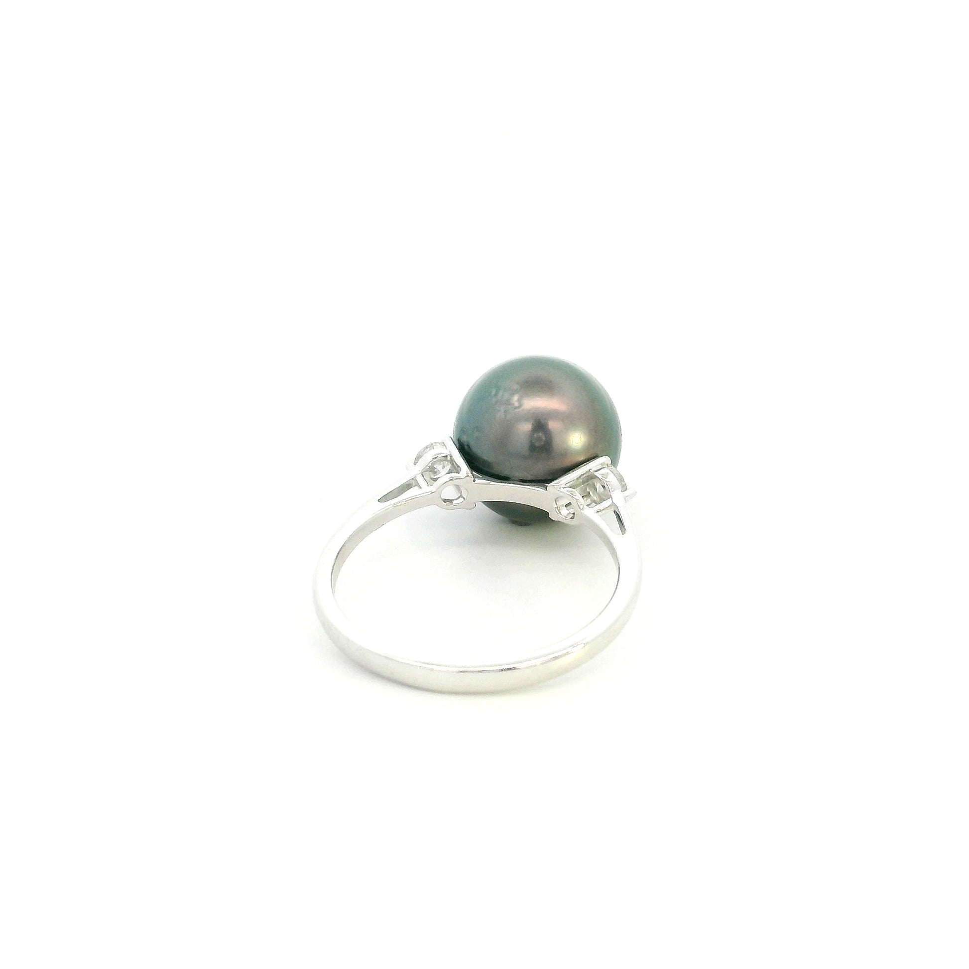 South Sea black pearl diamond ring in 18K white gold with an 11 x 12 mm pearl and round diamond side accents
