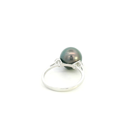 South Sea black pearl diamond ring in 18K white gold with an 11 x 12 mm pearl and round diamond side accents