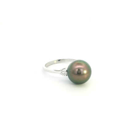 South Sea black pearl diamond ring in 18K white gold with an 11 x 12 mm pearl and round diamond side accents