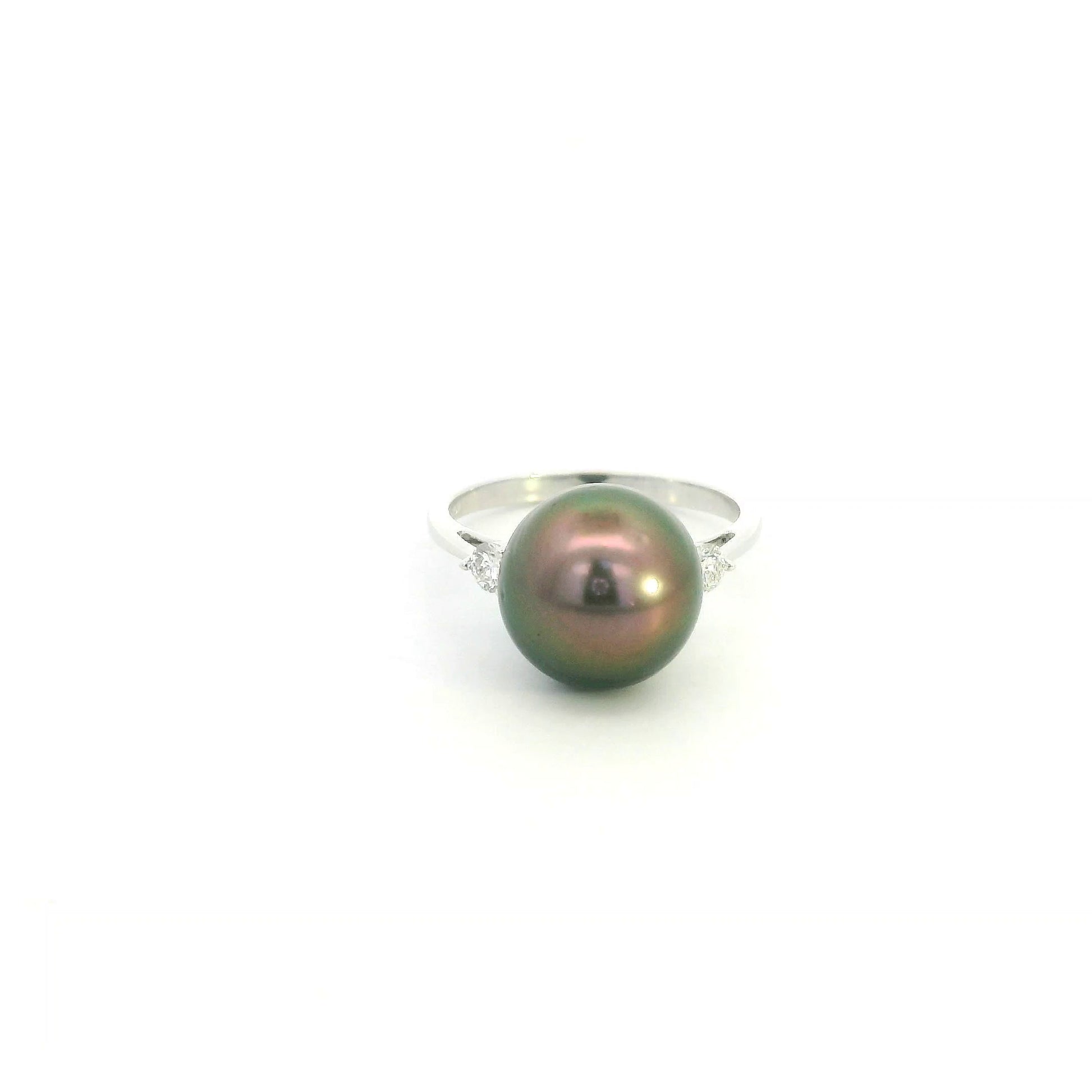 South Sea black pearl diamond ring in 18K white gold with an 11 x 12 mm pearl and round diamond side accents