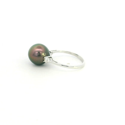 South Sea black pearl diamond ring in 18K white gold with an 11 x 12 mm pearl and round diamond side accents