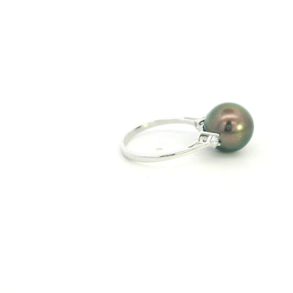 South Sea black pearl diamond ring in 18K white gold with an 11 x 12 mm pearl and round diamond side accents