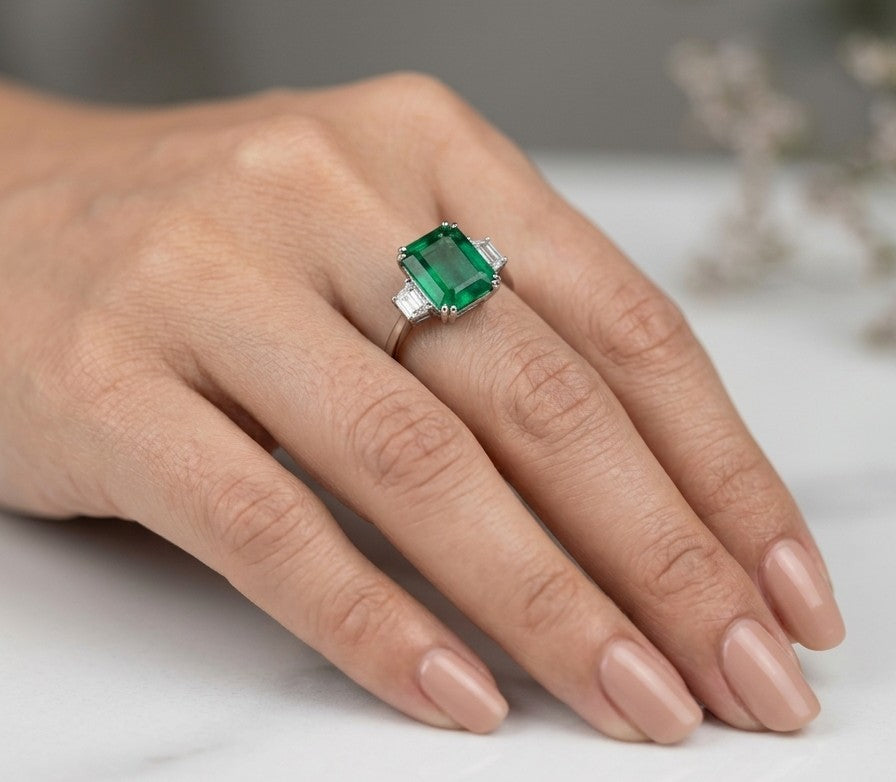 Emerald cut natural emerald and trapezoid diamond three stone ring in 18K white gold featuring a 4.77 carat emerald and 0.75 carat diamonds