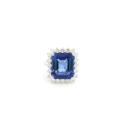 8.78 carat emerald cut tanzanite and diamond halo ring in 18K white gold