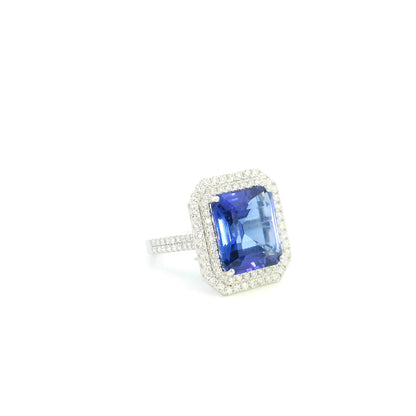 18K white gold tanzanite and diamond double halo statement ring with rectangular blue-violet tanzanite and diamond-set band