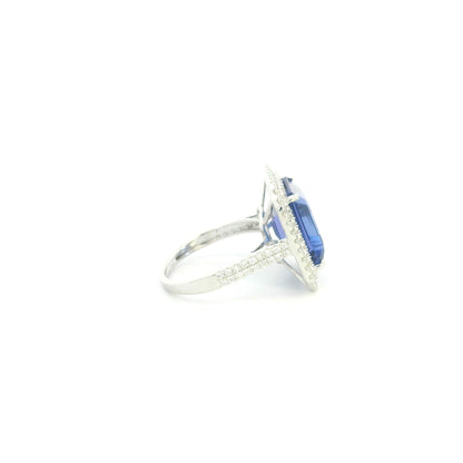 18K white gold tanzanite and diamond double halo statement ring with rectangular blue-violet tanzanite and diamond-set band