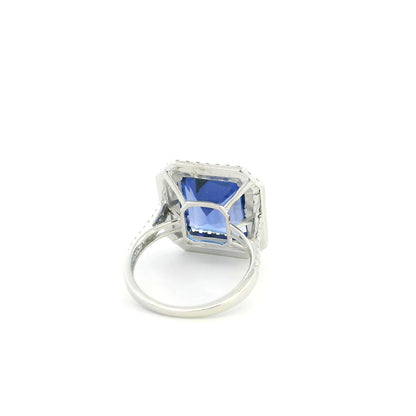 18K white gold tanzanite and diamond double halo statement ring with rectangular blue-violet tanzanite and diamond-set band