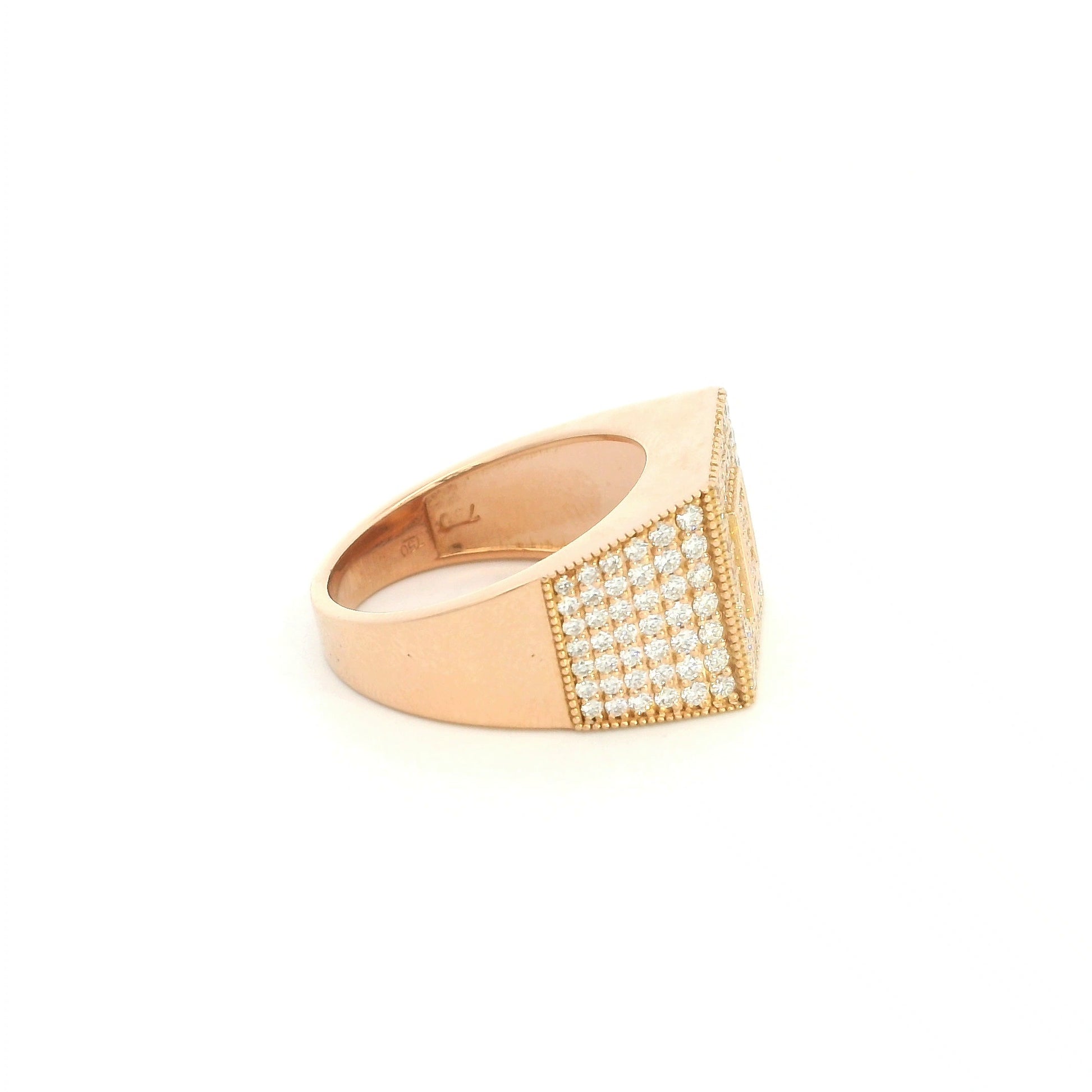 Men’s diamond statement ring in 18K rose gold with a rectangular pavé diamond face, geometric centre and diamond-set sides
