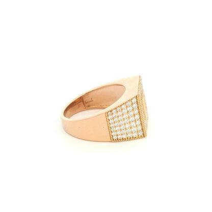 Men’s diamond statement ring in 18K rose gold with a rectangular pavé diamond face, geometric centre and diamond-set sides