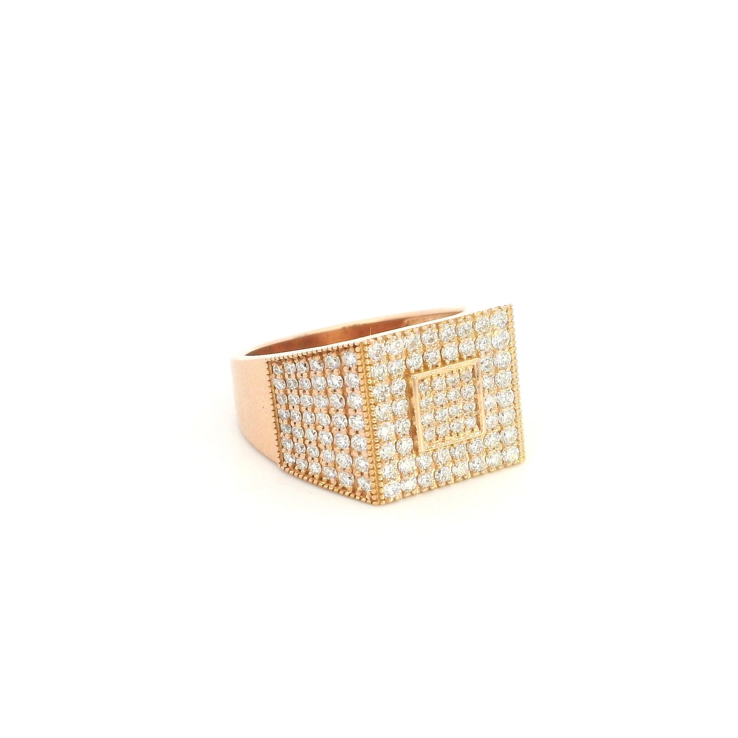 Men’s diamond statement ring in 18K rose gold with a rectangular pavé diamond face, geometric centre and diamond-set sides