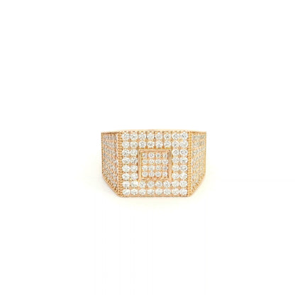 Men’s diamond statement ring in 18K rose gold with a rectangular pavé diamond face, geometric centre and diamond-set sides