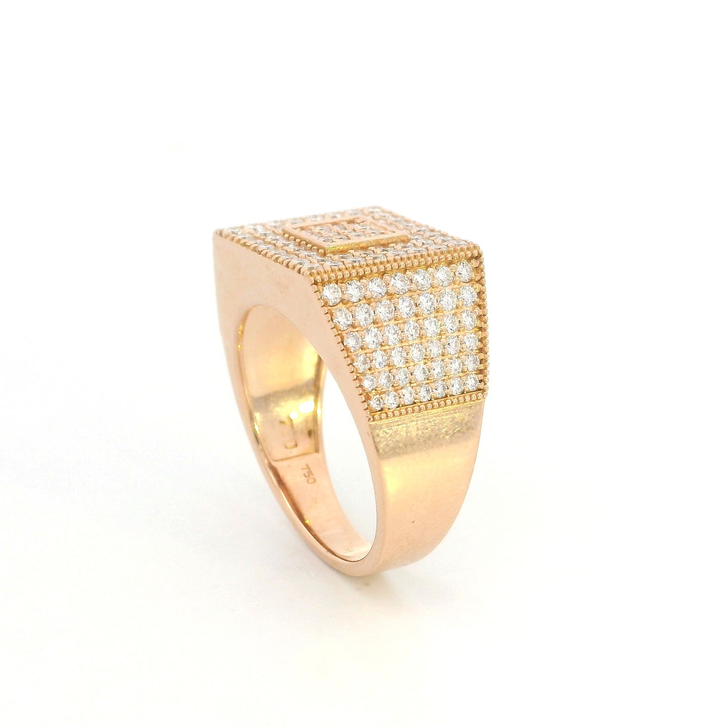Men’s diamond statement ring in 18K rose gold with a rectangular pavé diamond face, geometric centre and diamond-set sides