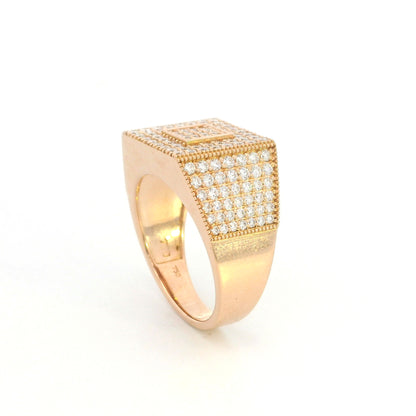 Men’s diamond statement ring in 18K rose gold with a rectangular pavé diamond face, geometric centre and diamond-set sides