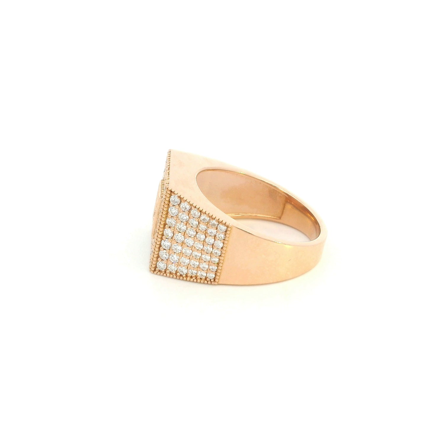 Men’s diamond statement ring in 18K rose gold with a rectangular pavé diamond face, geometric centre and diamond-set sides