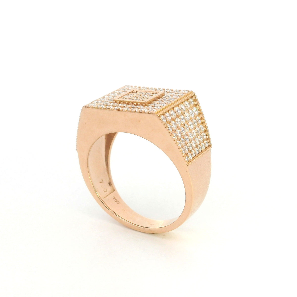 Men’s diamond statement ring in 18K rose gold with a rectangular pavé diamond face, geometric centre and diamond-set sides