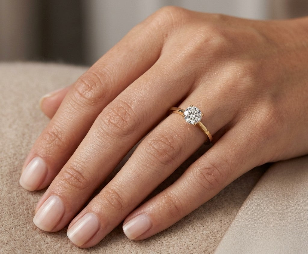 Round diamond solitaire engagement ring in 18K yellow gold with four-prong setting and tapered band