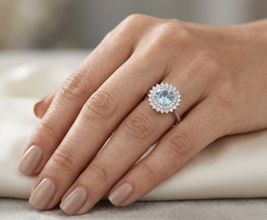 Round aquamarine and diamond double halo ring in 18K white gold with a 1.52 carat natural aquamarine.
