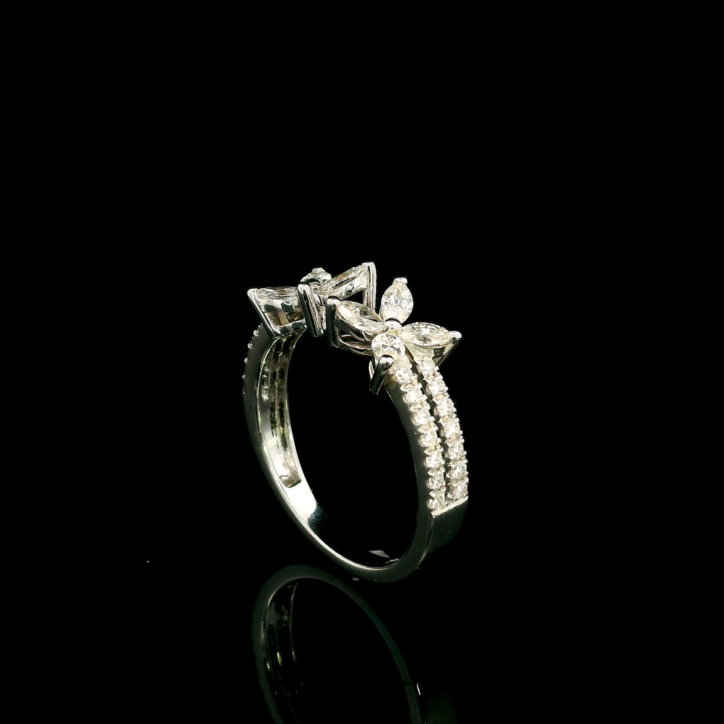 Marquise and Round Diamond Open Ring in 18K White Gold