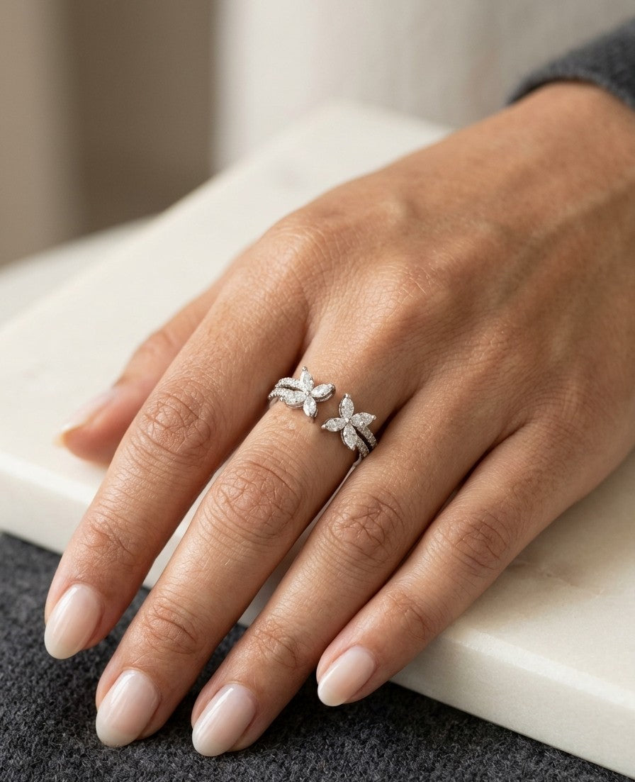 Marquise and Round Diamond Open Ring in 18K White Gold