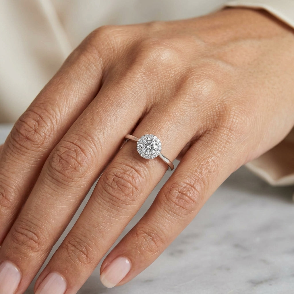 Round diamond halo engagement ring in 18K white gold