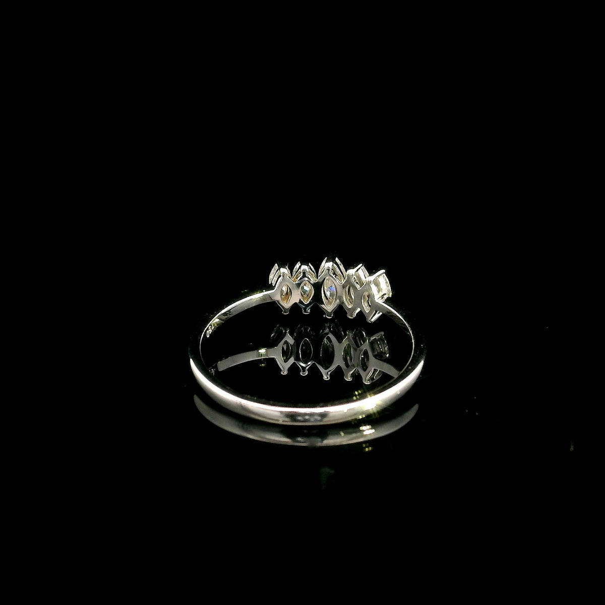 18K white gold five stone marquise diamond ring with five marquise cut diamonds set across the finger