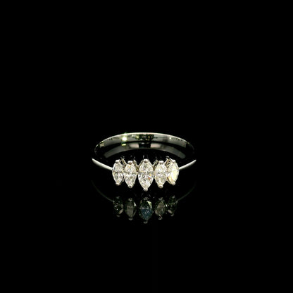 18K white gold five stone marquise diamond ring with five marquise cut diamonds set across the finger