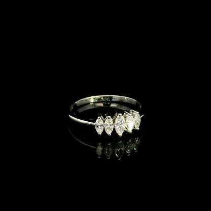 18K white gold five stone marquise diamond ring with five marquise cut diamonds set across the finger